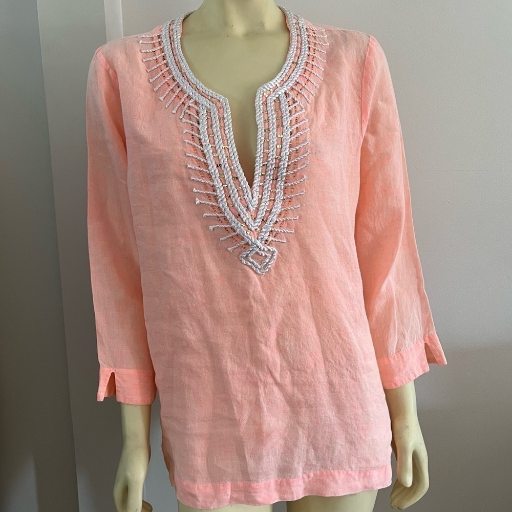 Lilly Pulitzer Women’s Amelia Island Linen Beaded V-Neck Tunic Blouse Coral L